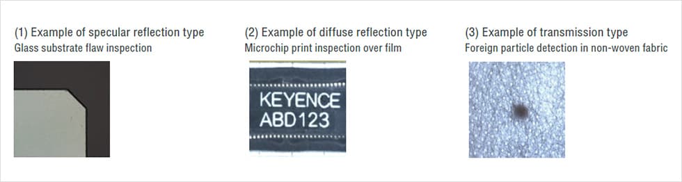 （1）镜面反射类型的示例：玻璃基板纹章检查 /（2）弥散反射类型的示例：膜上的微芯片打印检查 /（3）传输示例类型：非织造织物中的外国粒子检测